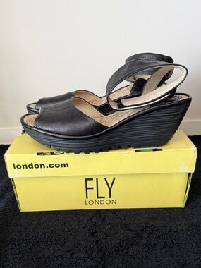 Fly London Black Leather Wedge Sandals with Ankle Strap